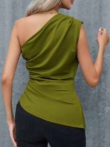 Aveloria Modichic Women's Casual Commuting Minimalist Solid Color Pleated Fitted Shoulder Top, Summer - Olive Green - View 2
