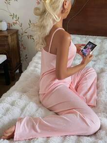 SHEIN Women's Knitted Ribbed Contrast Lace Heart Print Camisole And Long Pants Pajama Set, Suitable For All Seasons - Pink - View 6