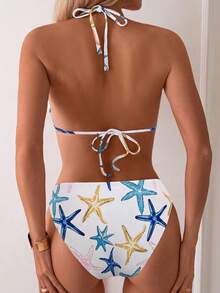 SHEIN Swim 2件組女款海星印花掛脖性感比基尼泳衣套裝，夏季海灘穿搭 - 彩色 - 查看 2
