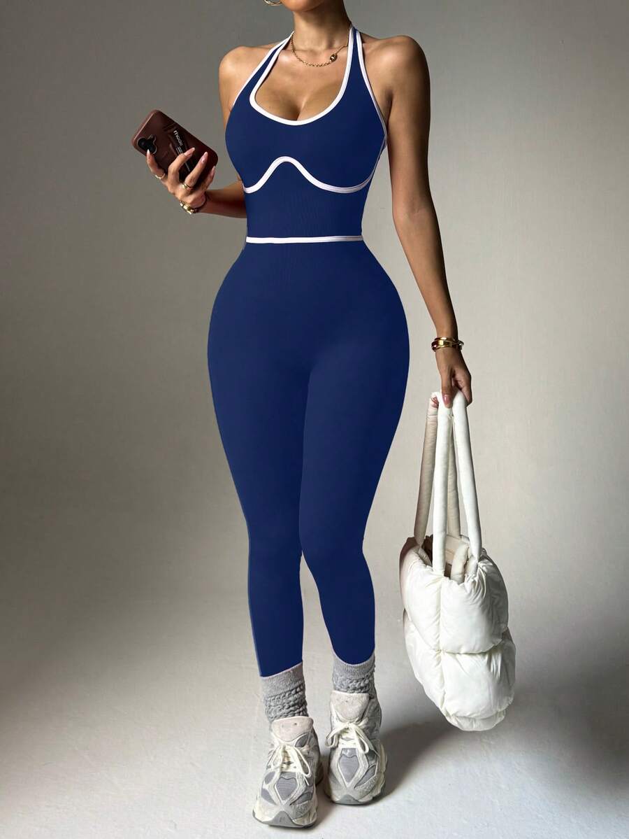 Slayform 撞色滚边露背紧身无袖连体裤 - 藏蓝色 - 查看 1