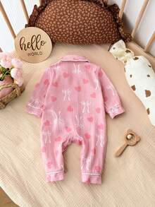 新生女宝宝可爱休闲粉色蝴蝶结图案翻领连体衣 - 彩色 - 查看 2
