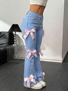 SHEIN PETITE Women's Casual Flare Jeans With Pockets & Bow Decor - Light Wash - View 3