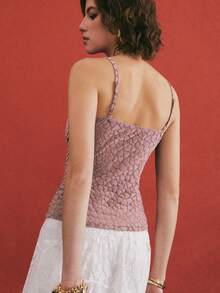 Poéselle Dusty Pink Semi-Sheer Knitted Cami Top For Women With Heart Print And Spaghetti Straps Sexy Regular Length - Dusty Pink - View 4