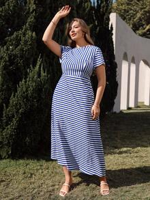 Juhart 女士复古海军风蓝白条纹圆领露背系带开衩短袖连衣裙，适合夏季海滩、朋友早午餐、7月4日派对等场合。 - 藍白色 - 查看 2