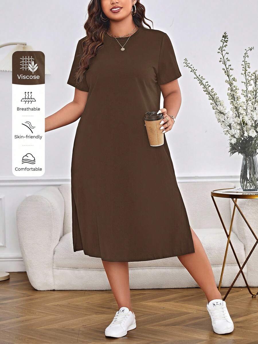SHEIN Essnce Plus Size Women's Casual Everyday Commute Simple Solid Color Short Sleeve Loose Dress, Summer Dresses - Brown - View 1