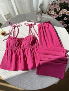 Comfortcana Woven Fuchsia Linen Tank Top And Pants Set - Hot Pink - View 7