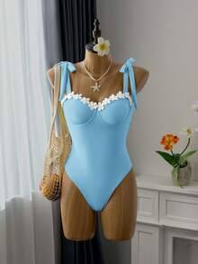 Swim Mod 1pc Women's Daisy Underwire Lace-Up Bralette, Cute & Sweet - Blue - View 9