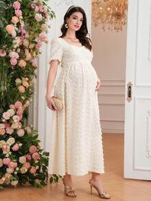 SHEIN 孕妇舒适纯色露背蝴蝶结短袖高开衩优雅连衣裙 - 米色 - 查看 4