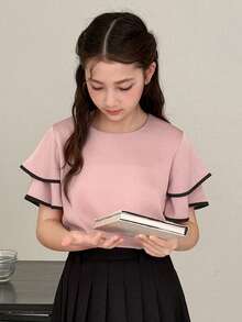 Dazy Kids Tween Girls' Round Neck Ruffle Trim Loose Casual Shirt - Dusty Pink - View 1