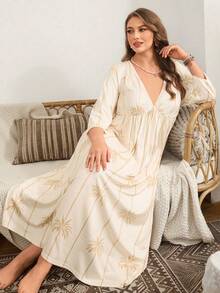 SHEIN Áo ngủ maxi cỡ lớn, cổ chữ V, tay lỡ 3/4, in họa tiết, kiểu dáng nghỉ mát. - Màu be - Xem 6