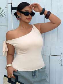 Dazy Plus Plus Size Casual Solid Color Oblique Shoulder Bodycon Tank Top, Summer - Apricot - View 4