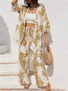 Breezaya 女士佩斯利印花衬衫和裤子两件套，夏季度假 - 金色 - 查看 3