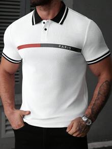 Manfinity Mode Men's Contrast Stripe & Letter Print Casual Short Sleeve Polo Shirt - White - View 4
