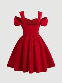 SHEIN Girlism 少女优雅网纱拼接纯色收腰A字连衣裙 - 紅色 - 查看 2