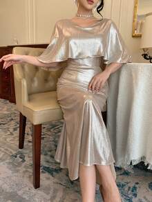 DAZY 优雅V领长裙，高端奢华小众设计，女士婚礼宾客礼服 - 香檳色 - 查看 8