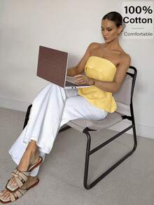 Siren Gaze 亚麻棉质抹胸荷叶边上衣：凸显腰线的波西米亚风职场装 | Old Money Elegance 2025 夏季新品发布 | 日夜转换与职场魅惑风格 - 黃色 - 查看 3