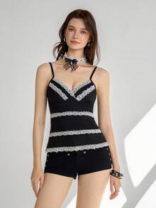 Ardnt Áo hai dây ren phối màu retro, thời trang và đa năng cho mùa hè đi làm, dành cho nữ. - màu đen - Xem 3
