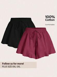 Elaquor Pantalones cortos de talla grande de unicolor con volante francés en el bajo - Burdeos - Ver 1