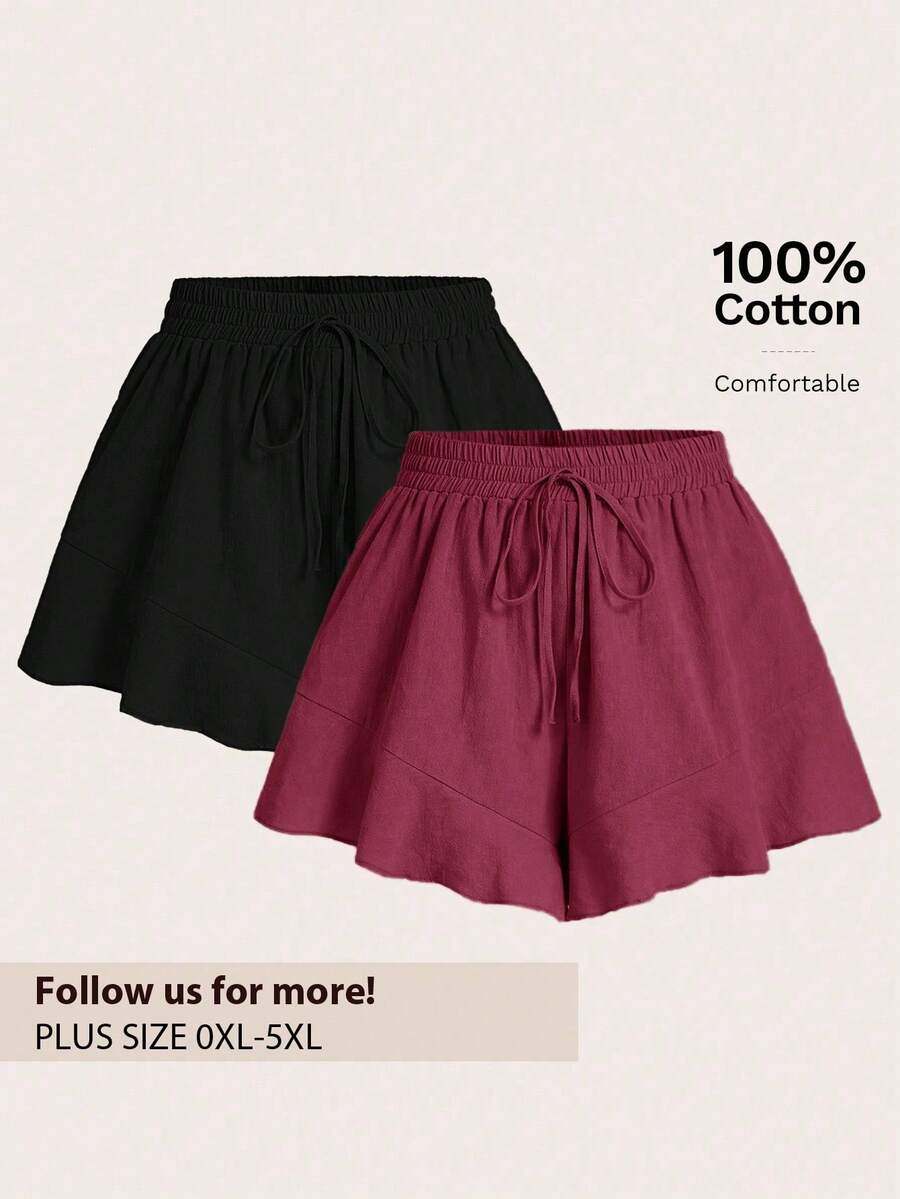 Elaquor Pantalones cortos de talla grande de unicolor con volante francés en el bajo - Burdeos - Ver 1