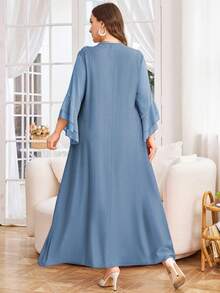 Lacomfia 大码女式纯色雪纺拼接休闲连衣裙 - 霧霾藍 - 查看 2