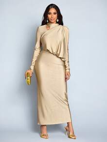 SOLERSUN 秋冬女装，优雅适合派对，浅卡其色，光泽感针织面料，圆领，肩部镂空设计，长袖，不对称拼接，肩部褶裥，H型下摆，修身，长款连衣裙 - 卡其色 - 查看 7