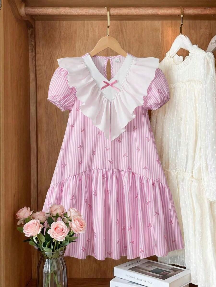 SHEIN 1件女童甜美度假风荷叶边V领泡泡袖条纹蝴蝶结印花A字连衣裙，适合春夏旅行、度假、海滩穿着 - 粉色 - 查看 1