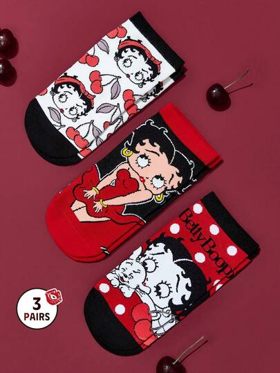 Betty Boop x SHEIN 3 Paar weiche & atmungsaktive feuchtigkeitsableitende lässige Damen Knöchelsocken mit Kirschenmuster, modisch süße schwarze, weiße und rote Damenkurzsocken mit verstärkter Spitze & Ferse für Haltbarkeit, ganzjährig, alltagstauglich, Sommer & Winter