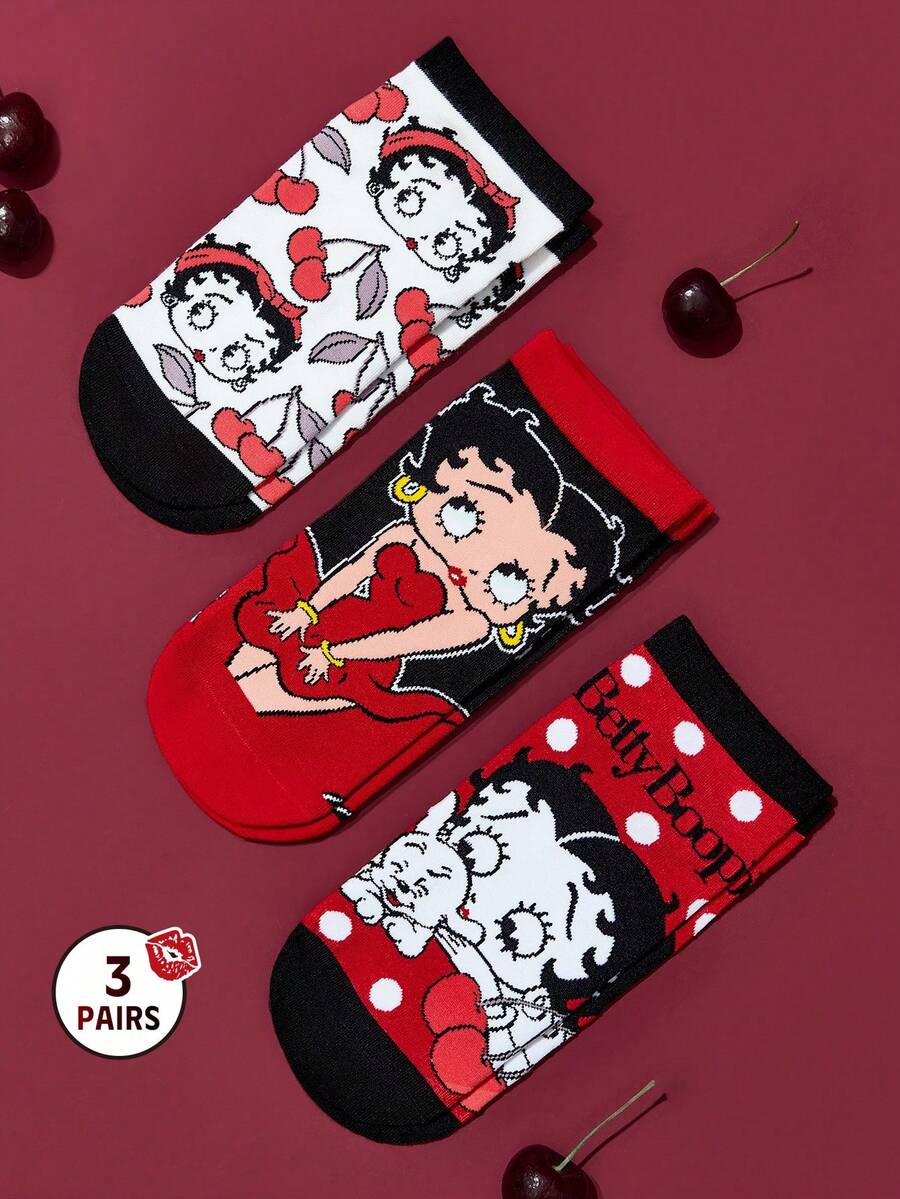 Betty Boop x SHEIN 3 双柔软透气吸湿排汗休闲女士短袜,樱桃图案,时尚可爱黑白红,女士短袜,加固脚趾和脚跟,经久耐用,适合所有季节,适合夏季冬季 - 彩色 - 查看 1