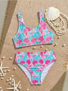 SHEIN Girls' Cute Shell Digital Print Camisole Bikini Set, Suitable For Beach Vacation, Spring/Summer/Autumn Seashell Bathing Suit Girls Printed Swimwear Tween Girls Bikini Tropical Print Bikini Girls Summer Beach 2pcs Tween Girls Printed Swimwear Girls Tropical Print Bikini - Red - View 2