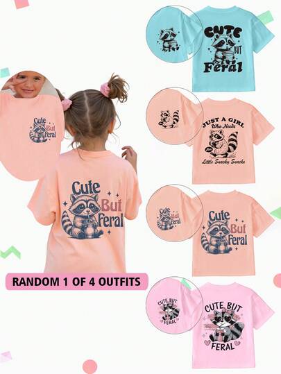 1pc Random Assortment Of Young Girls' Casual, Comfortable, Fashionable, Creative, Cute Raccoon & Letter Graphic Short Sleeve T-Shirts, Suitable For Spring/Summer