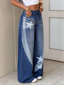 StreetHx 女士宽松休闲牛仔裤，带口袋，星条印花 - 藍色 - 查看 7