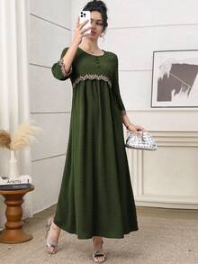 Yasmyna Đầm kiểu Ả Rập dành cho nữ, chất liệu vải thêu và cắt laser. - Màu xanh Ô liu - Xem 3