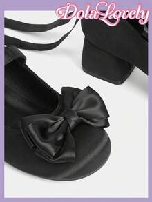 Dola Lovely 洛丽塔风格黑色缎面踝带女式高跟鞋，方头蝴蝶结玛丽珍鞋，柔美公主风 - 黑色 - 查看 4