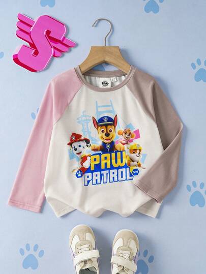 SHEIN | PAW Patrol Young Girl Casual Style Colorblock Round Neck Long Sleeve T-Shirt, Autumn/Spring