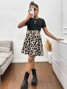 SHEIN Tween Girls Black & Leopard Print Waist Cinched Dress, Fashionable & Versatile For Everyday Wear - Black - View 1