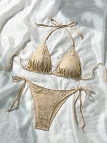 SHEIN Swim Bộ đồ bơi đi biển cho nữ có họa tiết kim loại - Vàng - Xem 5