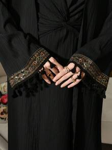 Al Najma Women's Loose Splice Tassel Cuff Abaya Dress With Waist Twist, Conservative Outfit - Black - View 5