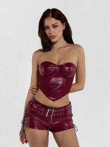 SHEIN ICON 2026 New Arrive Women's Y2k Red  Fashion Street Style PU Leather Zipper Metal Eyelet Waist Belt Criss-Cross Strap Shorts,Spring/Summer - Burgundy - View 5
