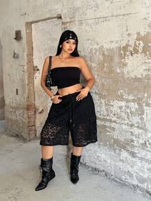 Sunspun Plus Size Y2K Sporty Casual Lace Loose Shorts, Spring/Summer - Black - View 4