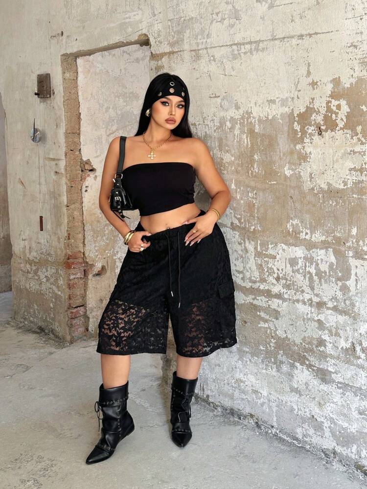 POPSWAY Plus Size Y2K Sporty Casual Lace Loose Shorts, Spring