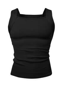 Manfinity Dauomo Men's Solid Color Square Neck Slim Fit Casual Tank Top, Summer - Black - View 3