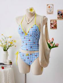 Swim Mod 2pcs Women Plaid, Cherry, Star Random Print Cute Sweet Summer Beach Vacation Bikini Set - Multicolor - View 4
