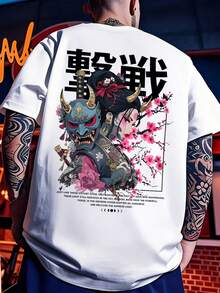 Manfinity Dauomo 男士日本镰鼬图案T恤 - 黑粉艺术设计，中等弹力圆领，休闲短袖T恤，适合夏季街头穿搭和日常穿着，日常T恤 | 艺术印花T恤 | 舒适合身 - 白色 - 查看 3