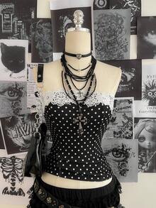 Attitoon Blusa de mujer con estampado de lunares vintage, parches y encaje, adecuada para primavera, fiestas, Pascua, salir, color negro, para volver al colegio, con estilo vintage, sexy, linda, Y2K, estilo coco, bohemio, hippie, festivales de música, fiestas - Negro - Ver 11
