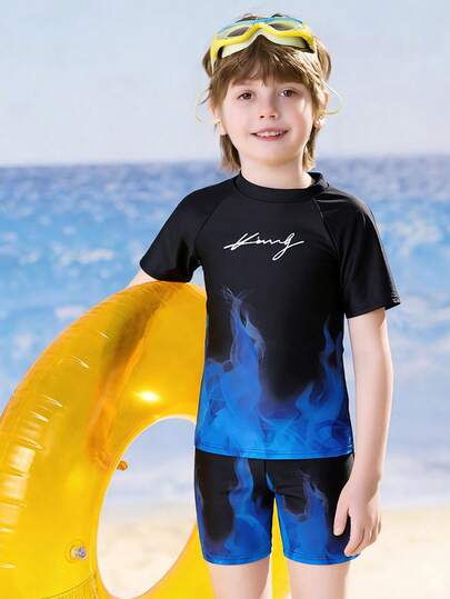 SHEIN Conjunto de traje de baño minimalista de cuello redondo y manga corta informal para niño preadolescente, adecuado para el verano