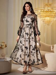 Modelyn Butterfly Jacquard Mesh Lantern Sleeve Cinched Waist Dress For Women - Black - View 7