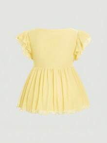 SHEIN MOD Plus Size Polka Dot Mesh Bow Tie Puff Sleeve Ruffle Hem Blouse - Light Yellow - View 2