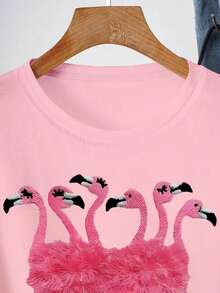 EMERY ROSE Women's Casual Round Neck Pink Flamingo Print Short Sleeve T-Shirt - Baby Pink - View 3