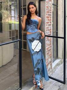 EastFlair Women's Blue Branch Print Camisole And Skirt 2 Pieces Set, Summer - Dusty Blue - View 5