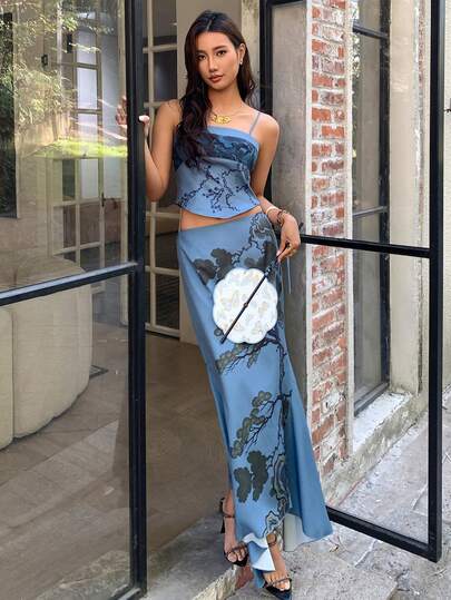 EastFlair Women's Blue Branch Print Camisole And Skirt 2 Pieces Set, Summer